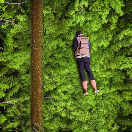 Prompt: photo of a lifeless body hovering twenty feet above a forest
