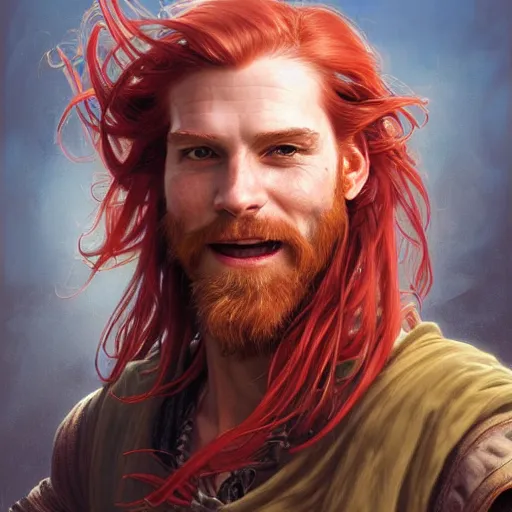 Prompt: portrait of a young ruggedly handsome but joyful pirate, male, masculine, upper body, red crimson crimson hair, long flowing hair, fantasy, smug smirk, intricate, elegant, highly detailed, digital painting, artstation, concept art, matte, sharp focus, illustration, art by artgerm and greg rutkowski and alphonse mucha