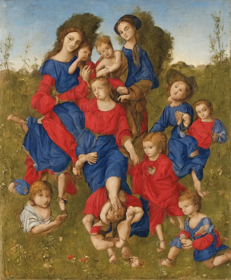 Prompt: Portrait of Madonna. In the Foreground is a Madonna with blue skirt and a red shirt and two boys playing in the style of Raffael. The boys are very small and only clothed with blue linen. They are sitting in a dried out meadow. One boy is playing with a cross. She is holding the other one back. Middleground is empty. On the horizon in the golden ratio, there is a lake with a town and mountains. Flat perspective.