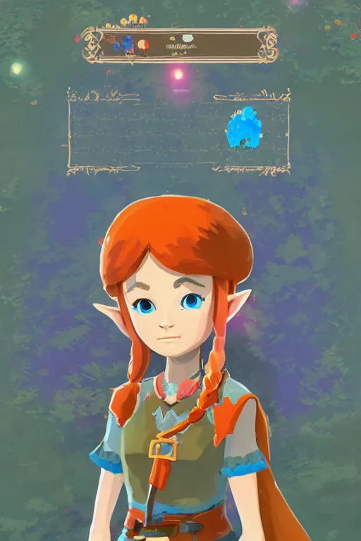 Image similar to an in game portrait of madeline from celeste in the legend of zelda breath of the wild, breath of the wild art style.