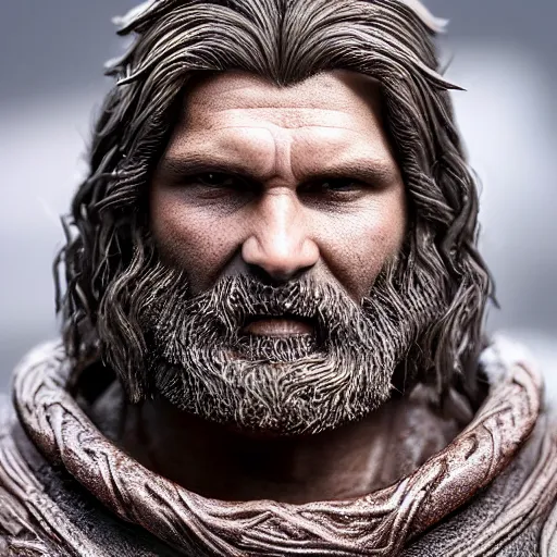 Image similar to of a 3d clay model of a viking from valhalla, ultra fine detail, hair strands, ultra high resolution, fine texture detail, miniature painting techniques, perfect proportions, marvel cinematic universe, eric bana