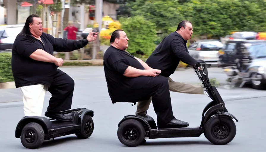 Prompt: obese Steven Seagal riding a mobility scooter, action cinematography