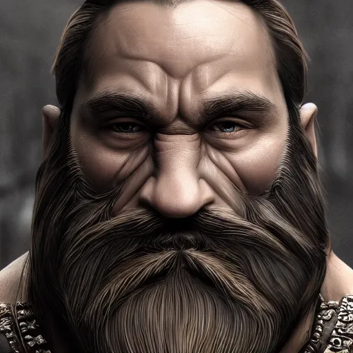 Image similar to photorealistic portrait of a dwarf with a large beard, muscular build, tough, highly detailed trending on artstation, photo, medieval, big muscles, fantasy, intricate details, dramatic, cinematic