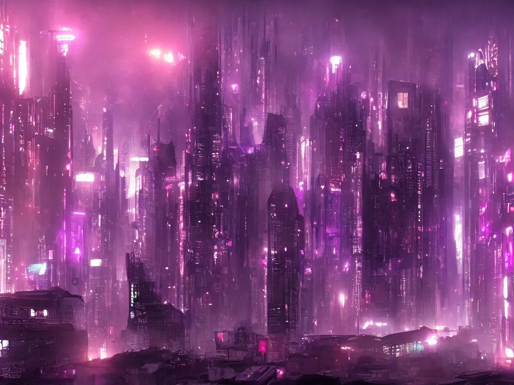 Image similar to blade runner city, high quality, cyberpunk, purple