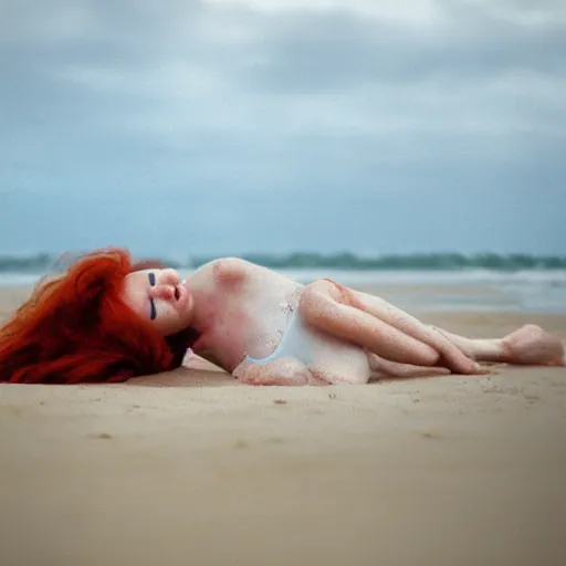 Image similar to drowned redhead princess on beach,