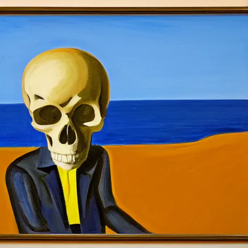 Prompt: a portrait painting of a man in a suit and a skull as his head sitting by the beach, 1 9 5 0 ad campaign, in the style of edward hopper, in the style of edward hopper and david hockney, 4 k,