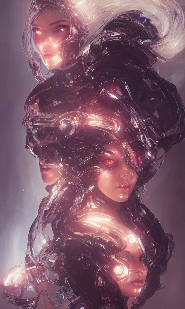 Prompt: beautiful portrait of a cyber woman with glowing eyes, intricate, elegant, highly detailed, digital painting, artstation, concept art, smooth, sharp focus, illustration, art by artgerm and greg rutkowski and alphonse mucha