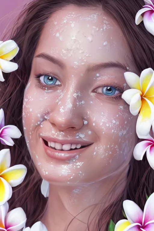 Prompt: ultra realistic illustration, portrait of smiling woman covered in white yogurt, plumeria tropical bouquet background, close up shot, fantasy, intricate, elegant, highly detailed, digital painting, artstation, concept art, smooth, sharp focus, illustration, surrealism