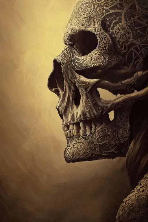 Image similar to skull concept art, the skull is decorated with art deco patterns, close - up portrait, powerfull, intricate, elegant, volumetric lighting, scenery, digital painting, highly detailed, artstation, sharp focus, illustration, concept art, ruan jia, steve mccurry, beksinski