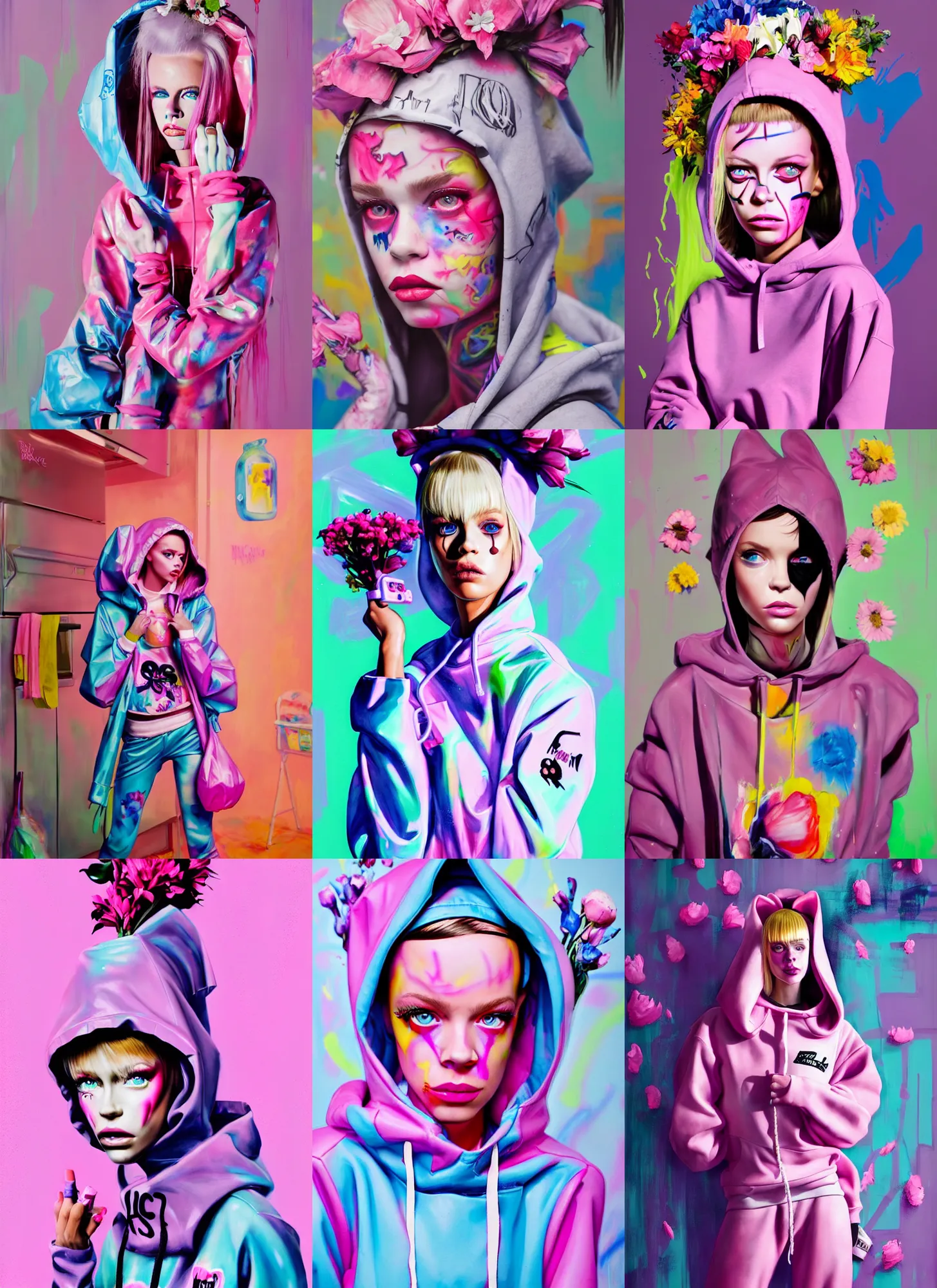 Prompt: still from music video of barbie palvin from die antwoord standing in a kitchen, wearing a trashbag hoodie garbage bag and flowers, street fashion, full figure portrait painting by martine johanna, ilya kuvshinov, rossdraws, pastel color palette, spraypainted bodypaint graffiti