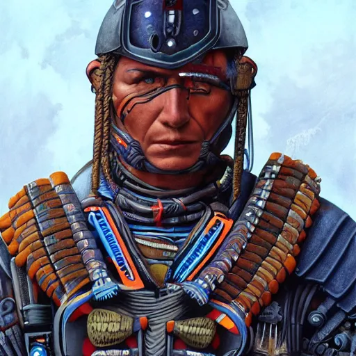 Image similar to a native american/aztec cybernetic mercenary in the style of Jean Giraud detailed realistic HD 8k High Resolution