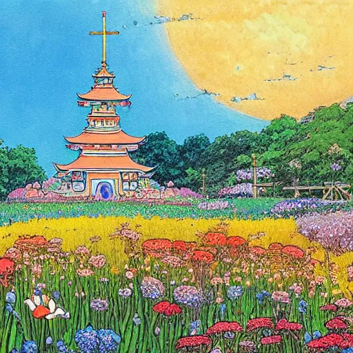 Prompt: a beautiful painting of a large exquisite mystical shrine in a field of flowers by moebius and studio ghibli