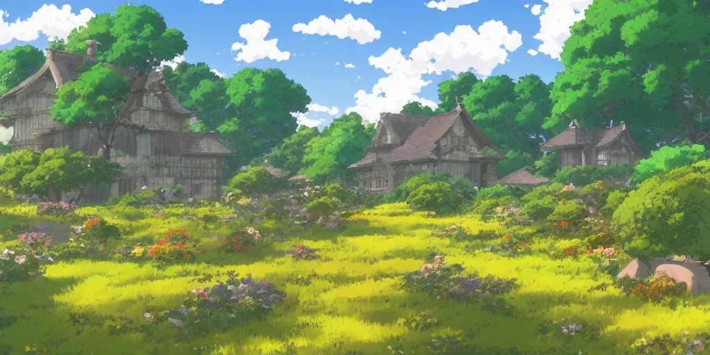 Image similar to anime screenshot wide-shot landscape with house in the garden, stone hedge, and meadow hill, forest on the horizont, beautiful ambiance, golden hour, studio ghibli style, by hayao miyazaki, sharp focus, highly detailed,