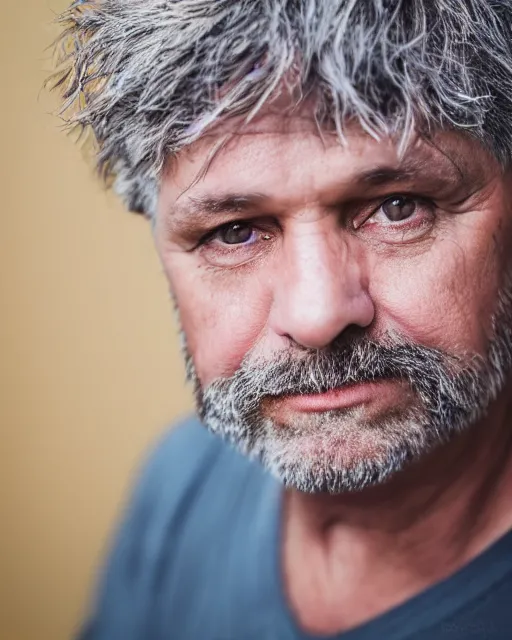 Prompt: A high-quality studio portrait of a middle-aged man with piercing eyes, bokeh, 90mm, f/1.4