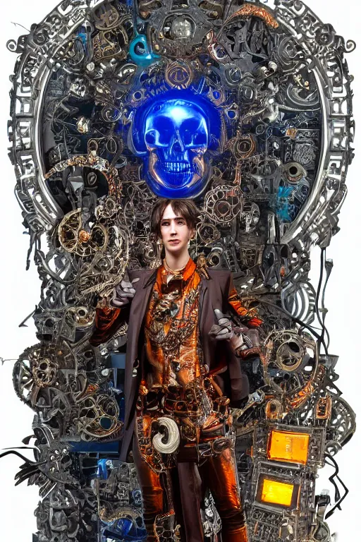 Image similar to full-body baroque and cyberpunk style sculpture of a young handsome Spanish prince half android with a chest opening exposing circuitry and a sparking motherboard, glowing blue lasert eyes, crown of mechanical gears and roses, flowing orange-colored silk, fabric, steampunk archways. baroque elements, human skull. full-length view. baroque element. intricate artwork by caravaggio. many many birds birds on background. Trending on artstation, octane render, cinematic lighting from the right, hyper realism, octane render, 8k, depth of field, 3D