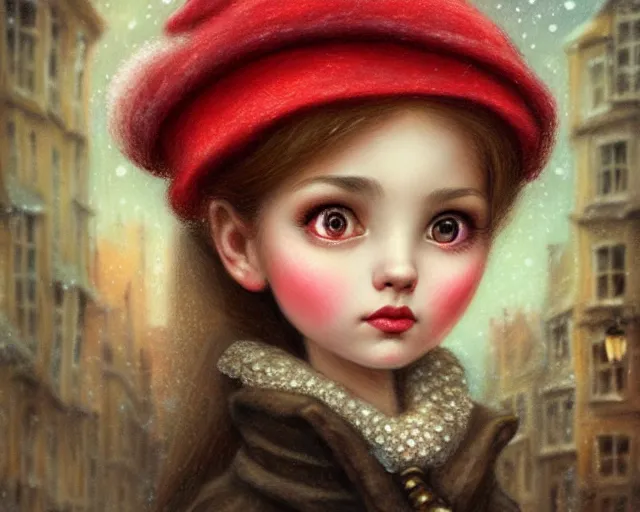 Image similar to closeup profile portrait of victorian london streets, nicoletta ceccoli, mark ryden, lostfish, max fleischer, hyper realistic, artstation, illustration, digital paint, matte paint, vivid colors, bright, cheerful, detailed and intricate christmas environment