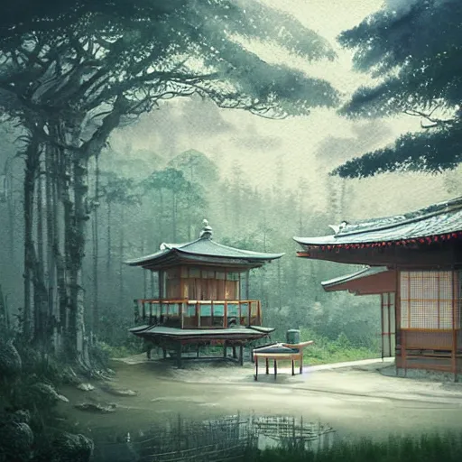 Image similar to a detailed watercolor and matte painting of a japanese tea house surrounded by trees, by Mike Winkelmann, cgsociety, fantasy art