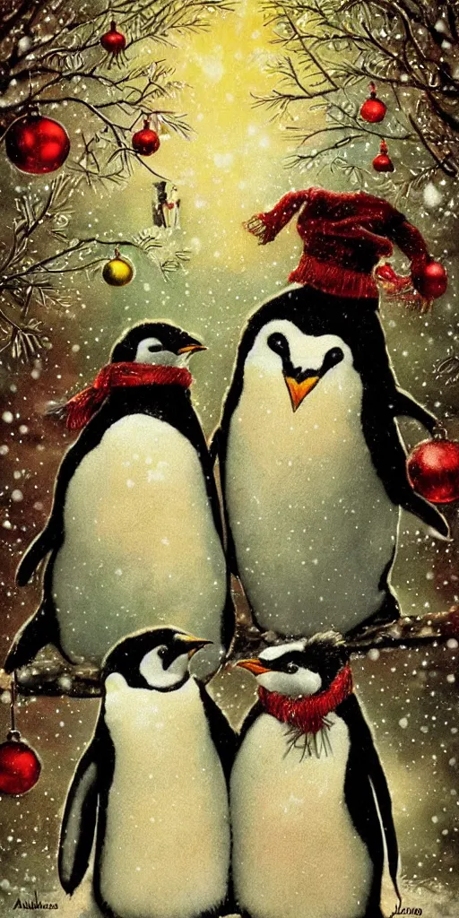 Image similar to a christmas card penguins scene by alexander jansson