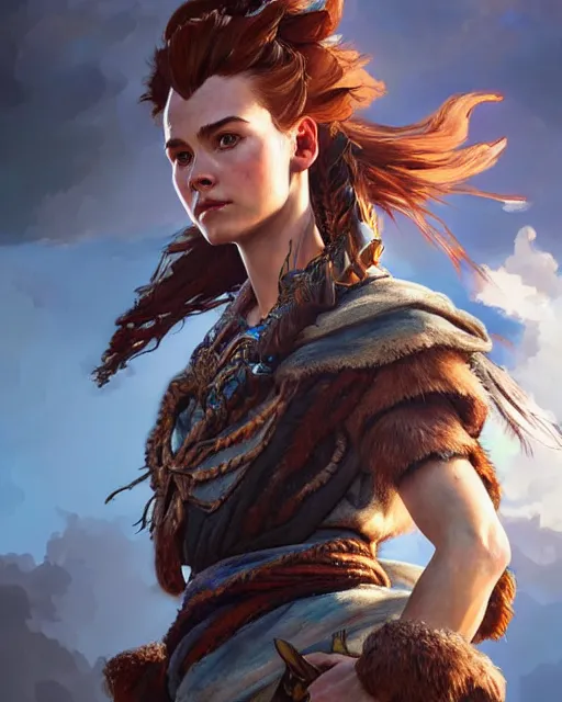 Image similar to Aloy (Horizon Zero Dawn), closeup, D&D, fantasy, intricate, elegant, highly detailed, digital painting, artstation, concept art, matte, sharp focus, illustration, hearthstone, art by Artgerm and Greg Rutkowski and Alphonse Mucha