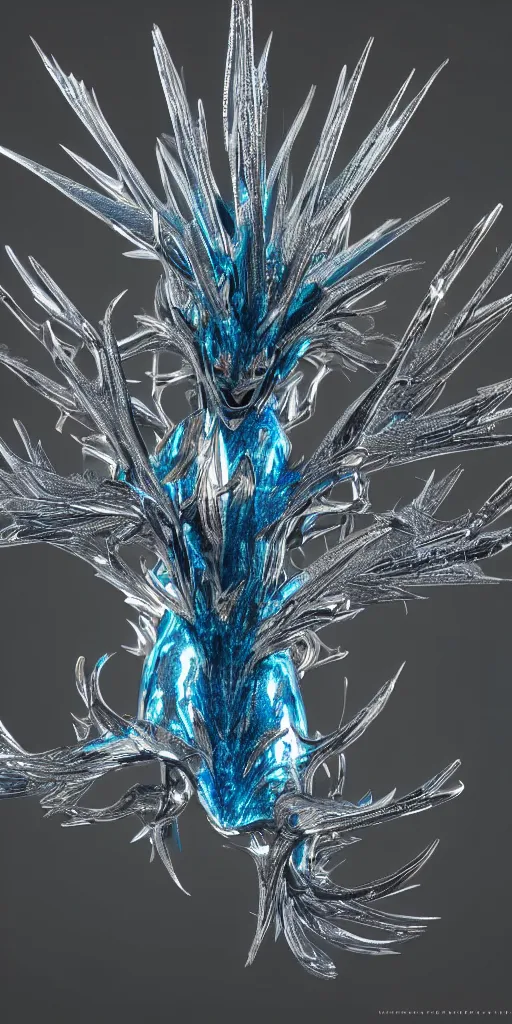 Image similar to a photorealistic render of a metallic neotribal spiky glaucus atlanticus sculpture, made of liquid metal, c 4 d, by zhelong xu and ernst haeckel, wide angle, hyper realistic, plain background, 8 k, volumetric lightning, octane render