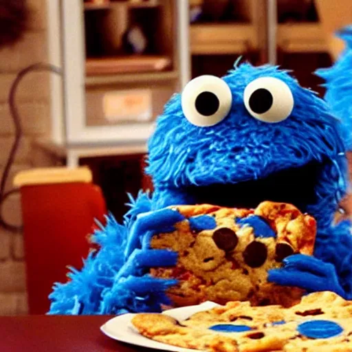 Image similar to Cookie Monster Muppet on Sesame Street eating pizza in secret, happy