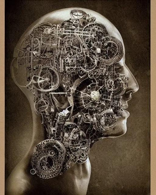 Prompt: intricate machinery in a human head. antique cyborg almacan pierre matter organic mechanical hybrid louis poyet