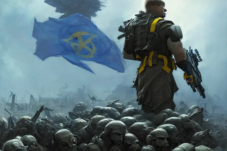 Image similar to A super soldier with Ukrainian blue and yellow flag is standing on a pile of skulls, Call of Duty, marvel, dark, intricate, highly detailed, smooth, artstation, digital illustration by Ruan Jia and Mandy Jurgens and Artgerm and Wayne Barlowe and Greg Rutkowski and Zdislav Beksinski