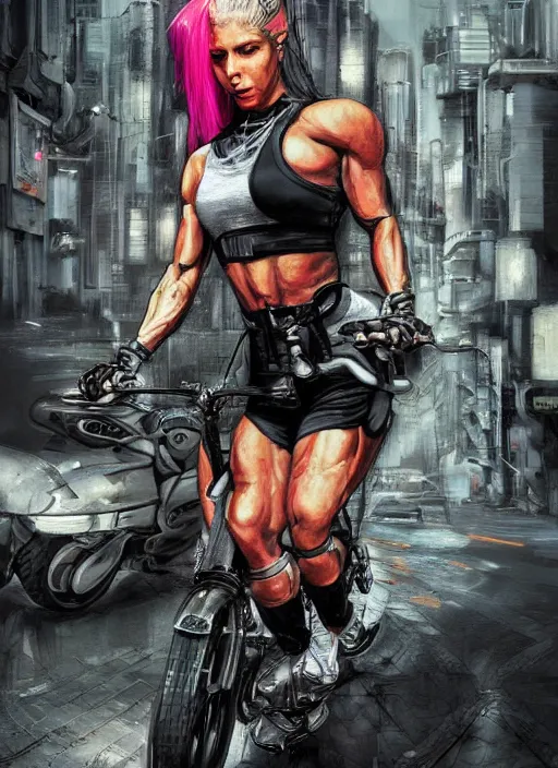 Prompt: a portrait of a female fitness model biker in a cyberpunk city art by Simon Bisley, Martin Emond, highly detailed artstation character concept art, full length character, sharp focus