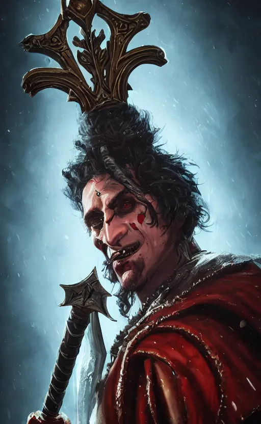 Image similar to an oil art portrait of young handsome pale roma, grim dark jester from gwent cards, gipsy blood mage with great sword character design from inquisition, 4 k, ultra detail, volumetric lighting, unreal engine, octane render