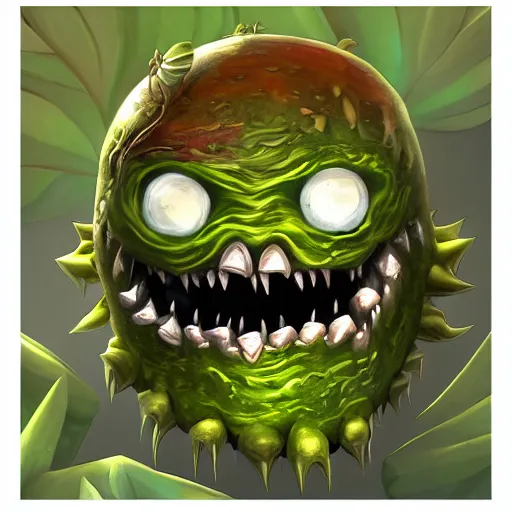 Image similar to Plant monster with a menacing smile and amber teeth, green body, semi realistic, trending on art station