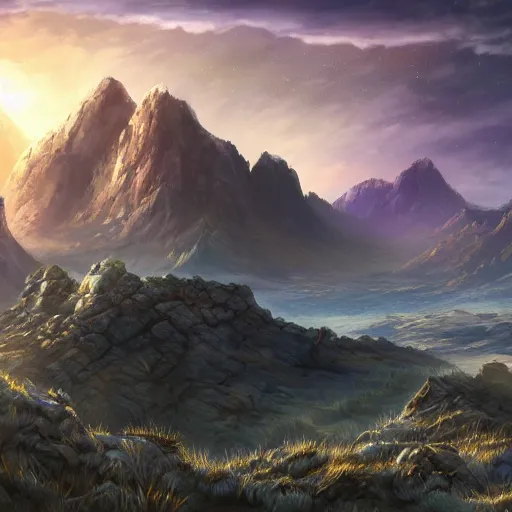 Prompt: The Sci-Fi stone landscape with large mountains in the background, wallpaper d&d art, fantasy, painted, 4k, high detail, sharp focus