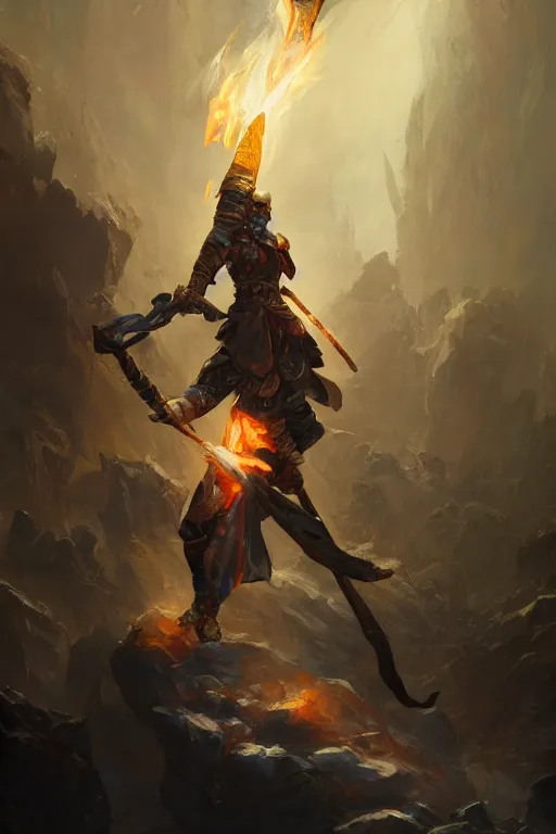 Image similar to dungeons and dragons warrior with flaming sword character full body side profile portrait, dramatic light, dungeon background, 2 0 0 mm focal length, painted by stanley lau, painted by greg rutkowski, painted by stanley artgerm, digital art, trending on artstation