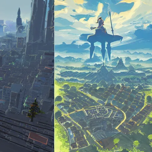 Prompt: urban breath of the wild, cityscape, noire