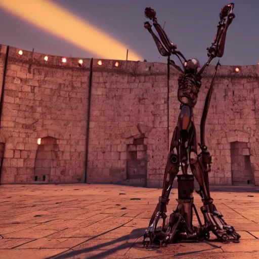 Prompt: 8k octane render cinematic shot of a tormented steampunk robot crucified at dusk in ancient jerusalem