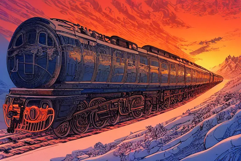 Image similar to trans - siberian express train illustration by joe fenton and syd mead and p. craig russell and barry windsor - smith, artstation, 4 k, graphic novel, concept art, matte painting, beautiful russian winter landscape sunset background, golden hour, art nouveau