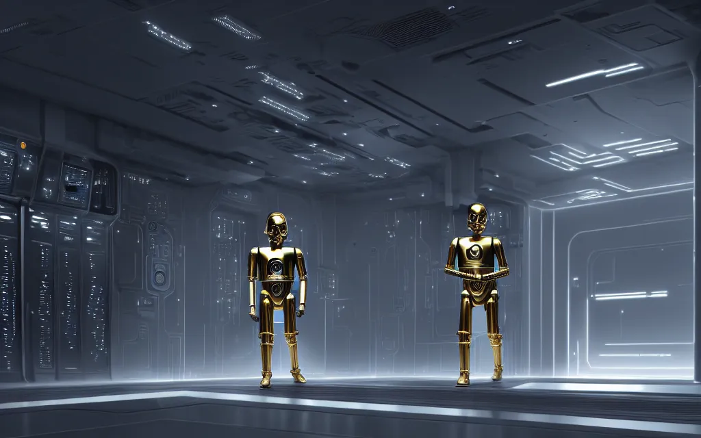 Prompt: silver c - 3 po robot from star wars in a data center room, silver, grey, concept art, cyberpunk, game art, high detail, 4 k, by makoto shinkai