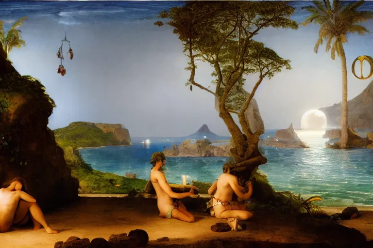 Image similar to The giant greek arch, refracted moon on the ocean, thunderstorm, greek pool, beach and Tropical vegetation on the background major arcana sky and occult symbols, by paul delaroche, hyperrealistic 4k uhd, award-winning, very detailed paradise