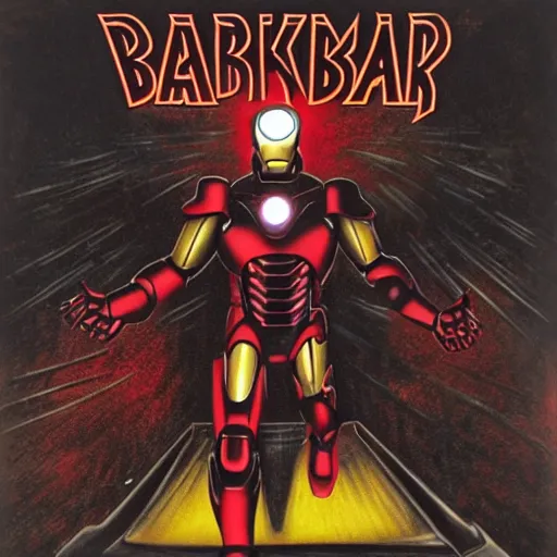 Prompt: Black Sabbath's Iron Man, man turned to steel, red eyes of vengeance