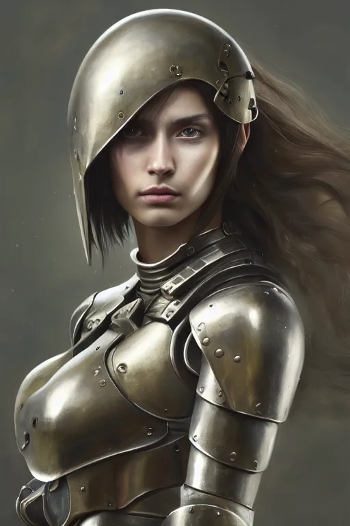 Image similar to a photorealistic painting of an attractive young girl, partially clothed in metal-plated battle armor, olive skin, long dark hair, beautiful bone structure, symmetrical face, perfect eyes, intricate, elegant, digital painting, concept art, illustration, sharp focus, minimal artifacts, from Metal Gear, in the style of Ruan Jia and Mandy Jurgens, by Greg Rutkowski, trending on Artstation, award winning