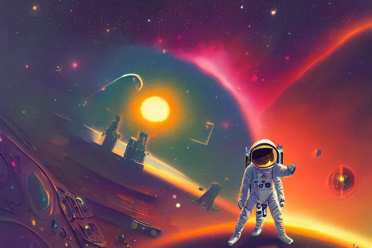 Image similar to digital painting of an astronaut in space, by paul lehr and vincent di fate, highly detailed, intricate, sharp focus, science fiction, galaxies, stars, supernova, black hole, galaxy, planet, void, artstation, cinematic lighting, trippy, retrofuturism