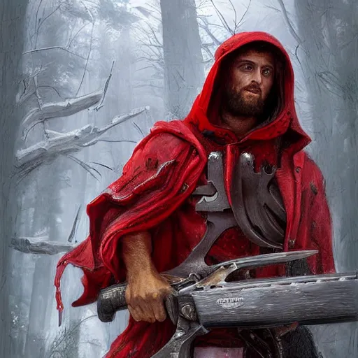 Image similar to digital _ painting _ of _ little red riding silk hood wolf slayer with chainsaw arm _ by _ filipe _ pagliuso _ and _ justin _ gerard _ unsymmetric _ fantasy _ highly _ detailed _ realistic _ intricate _ port