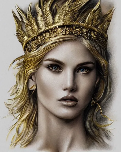 Prompt: realism tattoo sketch of beautiful super model aphrodite greek goddess wearing a gold laurel wreath and triangle earrings,, beautiful piercing gaze with sharp pupils, beautiful blonde hair, in the style of greg rutkowski, fantasy, amazing detail, epic, elegant, smooth, sharp focus, front view