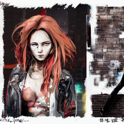 Prompt: highly detailed portrait of a moody post-cyberpunk young lady with a wavy blonde hair, by Dustin Nguyen, Akihiko Yoshida, Greg Tocchini, Greg Rutkowski, Cliff Chiang, 4k resolution, gravity rush inspired, graffiti inspired, punk inspired, vibrant but dreary but upflifting lightning red, black and white color scheme!!! ((Graffiti tag brick wall background))