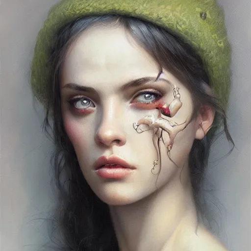 Image similar to painting of a very beautiful girl with muscles lifting weights, very beautiful face, pretty face, very detailed eyes by tom bagshaw, greg rutkowski, wlop