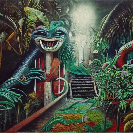 Image similar to high quality, high detail painting, dutch masterpiece, fluxus, film noir, william s burroughs, empty scene in las pozas with quetzalcoatl at night, hd, muted lighting