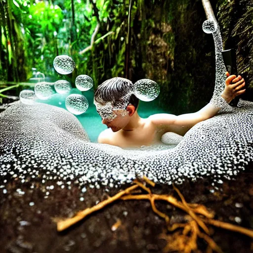 Prompt: pristine bath filled with bubbles in a clearfelled rainforest, deforestation, slash and burn