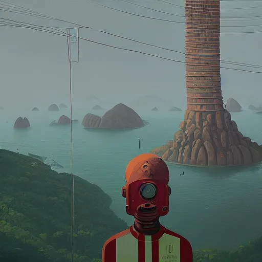 Image similar to a giant head floating above rio de janeiro by simon stalenhag