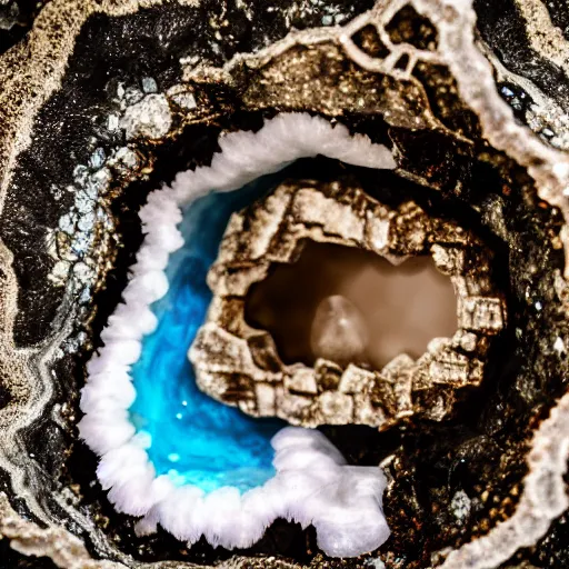 Image similar to photography of a geode with a a small body of an alien skellet inside it