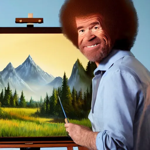 Image similar to a closeup photorealistic photograph of bob ross working on a canvas painting of spiderman. film still. brightly lit scene. mountains and trees. this 4 k hd image is trending on artstation, featured on behance, well - rendered, extra crisp, features intricate detail, epic composition and the style of unreal engine.