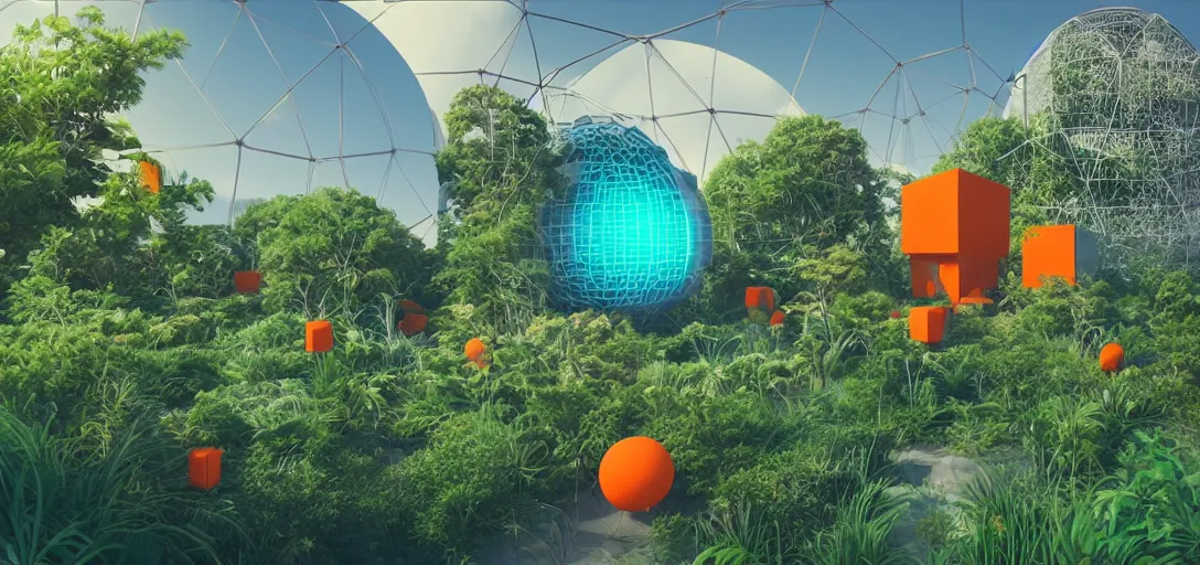 Image similar to futuristic garden with wireframe observatory and orange cube buildings with plants growing on top sci - fi, digital art by beeple